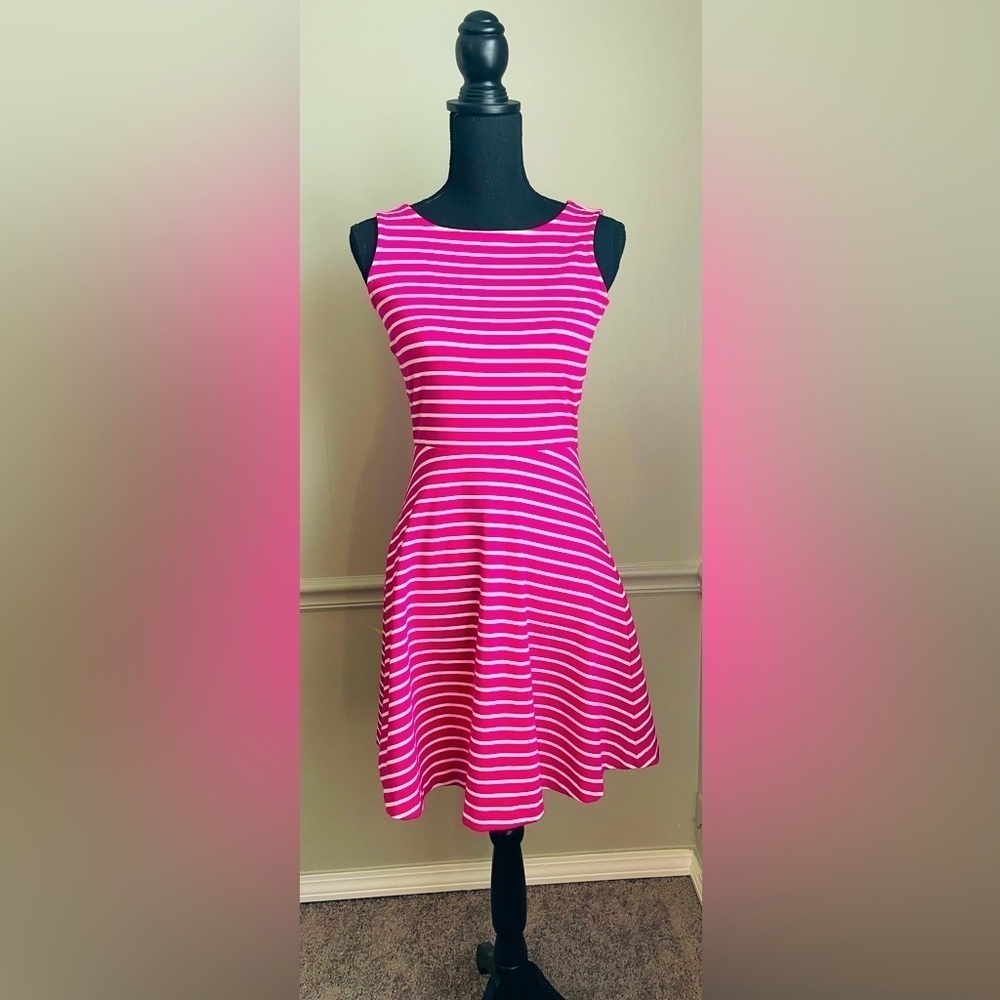 Talbots Red White Stripe Fit and Flare Sleeveless Midi Dress Size P Petite